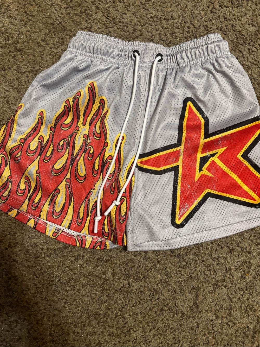 Grey Mesh Flame Graphic Shorts